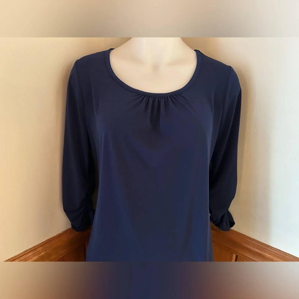Susan Graver XXS navy blue long fitted tunic w 3/4 sleeves, mini dress, petite - Picture 2 of 7